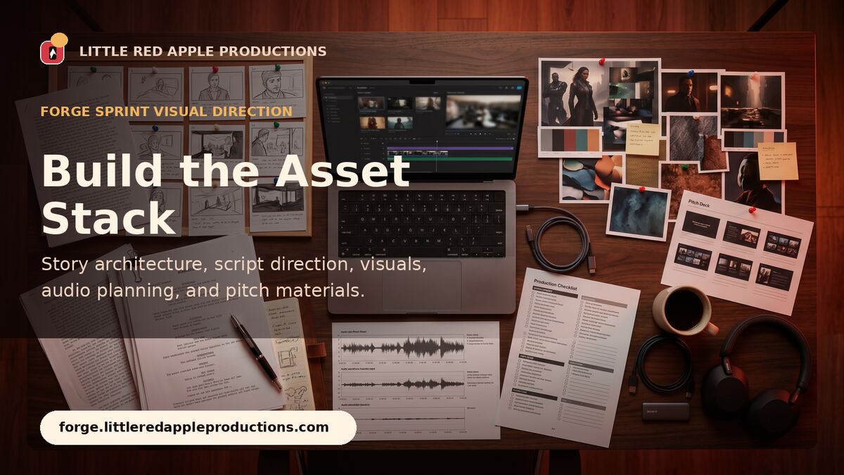 An editing workstation surrounded by storyboard cards, audio waveforms, and printed pitch materials.